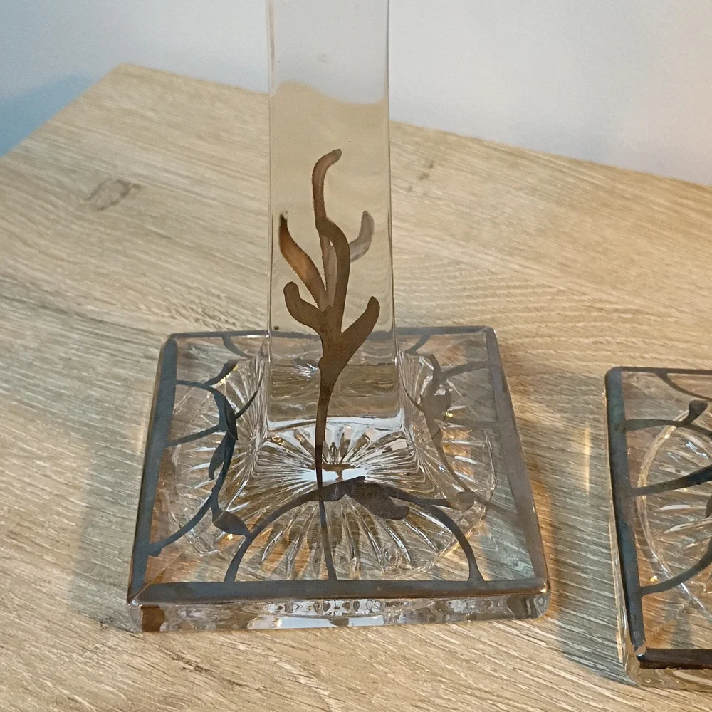 Vintage Golden Crown Crystal And Sterling Silver Overlay Candle Stick Holders